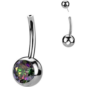 Titanium Threadless Navelpiercing met Bezel Set Kristal - Zilver - 10 mm - 8 mm - Vitrail (Regenboog)