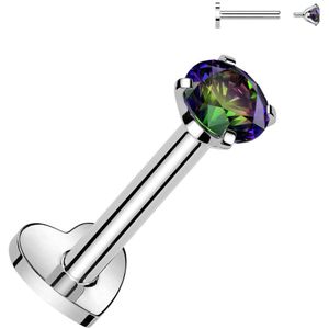 Intern Geschroefde Titanium Labret met Harten Basis en Prong Set Steentje - Zilver - 6 mm - Vitrail (Regenboog)