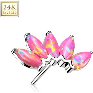 14kt. Gouden Threadless Top met Gekleurde Marquise Opaal Steentjes - Wit Goud - Opaal Roze