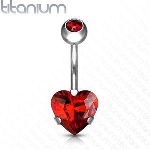 Massief titanium navelpiercing met prong set hart kristal - Rood