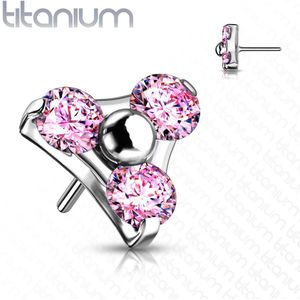 Driehoekige Titanium Threadless Top met Drie Gekleurde Steentjes - Zilver - Roze - 5 mm