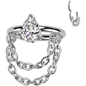 Titanium Segment Ring met Naar buiten gerichte Traanvormige Steentjes en Dubbele Ketting - Zilver - 10 mm