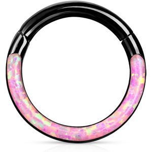 Piercing ring met vast segment en voorkant opaal steen – 1.2 mm – 8 mm – Zwart - Opaal Roze