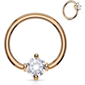 Rosé gouden piercing ring met prong set rond helder kristal - 1.6 mm - 12 mm - 5 mm