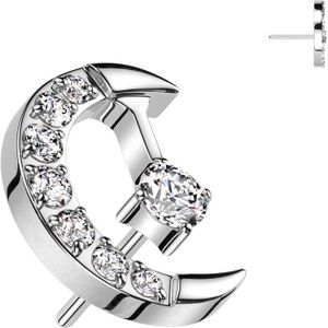 Gekristalliseerde Threadless Halve Maan Top met Gecentreerd Steentje - Zilver