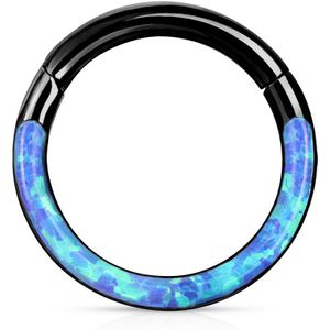 Piercing ring met vast segment en voorkant opaal steen – 1.2 mm – 8 mm – Zwart – Opaal Blauw