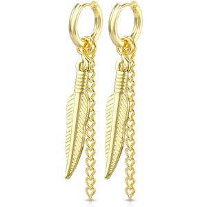Hoop Oorbellen met Veer and hangend kettinkje - Gold