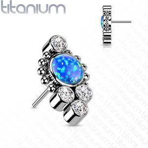 Massief Titanium Threadless Top met Gekleurde (Opaal) Steentjes en Kralen - Zilver - Opaal Blauw