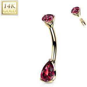 Massief Gouden Navelpiercing met Traanvormig Steentje - Geel Goud - Fuchsia