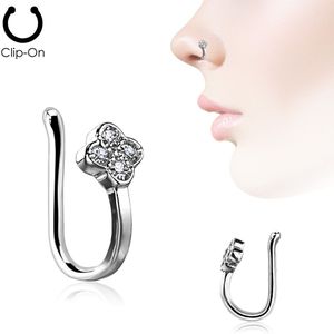 Zilveren neus clip piercing met top van vier kristallen