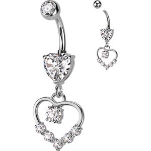 Navelpiercing met harten kristal en hartvormige hanger - Zilver