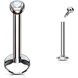 Intern geschroefde labret piercing met 2 mm gekleurd steentje - 10 mm - helder