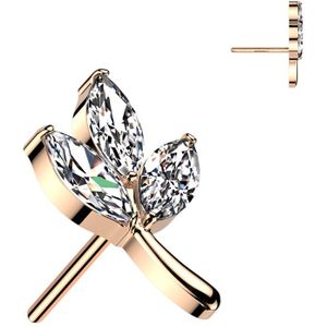 Threadless Titanium Topje met Takje van Drie Markies Geslepen Steentjes - Rose Goud