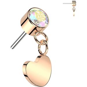 Threadless Titanium Top met Hangend Hart en Bezel Set Kristal - Rose Goud