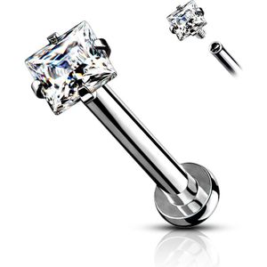 Intern geschroefde Labret met ruitvormig steentje - Zilver - 6 mm - Helder