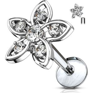 Intern geschroefde labret met bloem van ronde kristallen - 8 mm - Helder