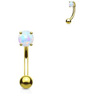 Gouden gebogen barbell met witte prong set Opaal steen