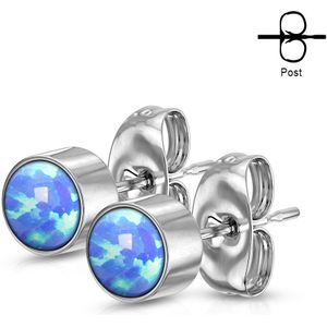 Paar oor studs met gekleurde ronde bezel set opaal - 3 mm - Zilver - Opaal Blauw