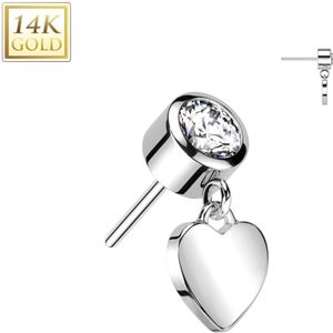14kt. Gouden Threadless Top met Bezel Set Steentje en Hangend Hartje - Wit Goud