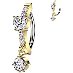 Navelpiercing met Gecentreerd Hartje en Rond Stenen Hangertje met Scharniersluiting - Goud