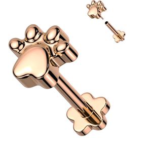 Threadless Labret van Titanium met Pootafdruk top en Bloemvormige basis - Rose Goud