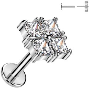 Threadless Labret met Vierkante Top met vier Vierkante Steentjes - Zilver - 1.2 mm