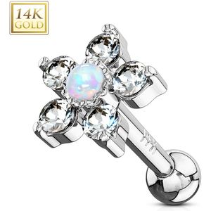 14 Kt. gouden oor piercing met bloem en opaal steen - Wit Goud