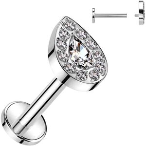 Intern Geschroefde Titanium Labret met Traanvormige Top bezet met Steentjes - Zilver - 6 mm