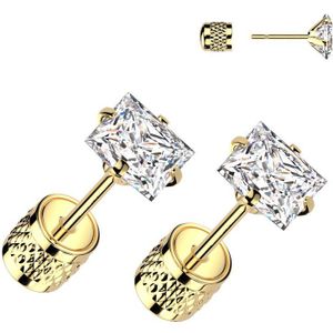 Oorbel Studs met Prong Set Vierkant Steentje en Klik Cilinder Achterkant - Goud - 7 mm