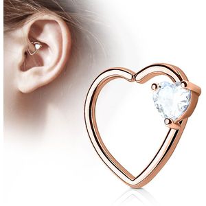 Rosé gouden piercing ring met hart vorm en helder hart kristal - Rechts