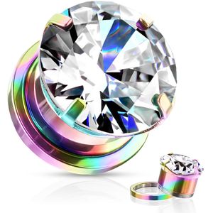 Chirurgisch stalen screw fit tunnel met groot kristal - 10 mm - Regenboog