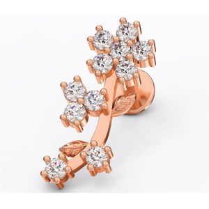 Intern Geschroefde Labret met Bloemetje en Blaadjes van Steentjes  - Rose Goud