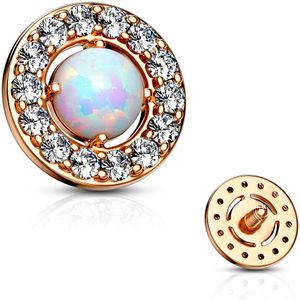 Intern geschroefde dermal top met opaal steen en kristallen rand – Rosé Goud – Opaal Wit