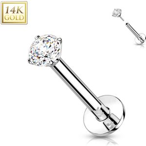 Massief Gouden Threadless Labret met Platte Achterkant en Prong Set Kristal Top