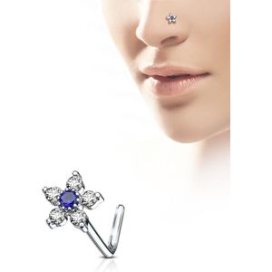 Neus stud met bloem en gekleurde kristallen - blauw