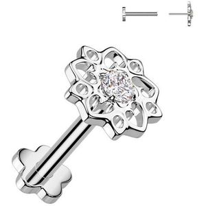 Threadless Titanium Labret met Bloemen Design Top en Bloemetjes Basis - Zilver - 1.2 mm