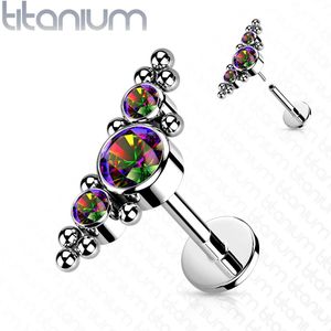Threadless Titanium Platte Achterkant Labret met Drie Gekleurde Kristallen - 1 mm - 6 mm - Vitrail (Regenboog)