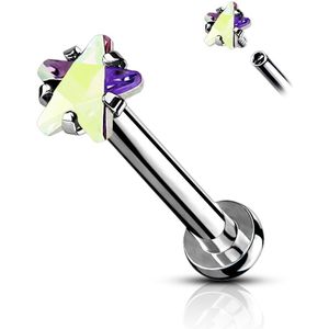 Intern geschroefde Labret met stervormig steentje - Zilver - 8 mm - Aurora Borealis