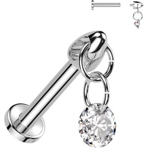 Intern Geschroefde Titanium Labret met Rond Kristallen hangertje - Zilver - 6 mm