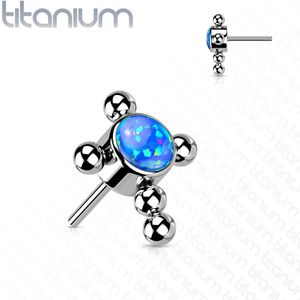 Titanium Threadless Top met Gekleurde (Opaal) Stenen Kern en Kralen Kruis - Zilver - Opaal Blauw