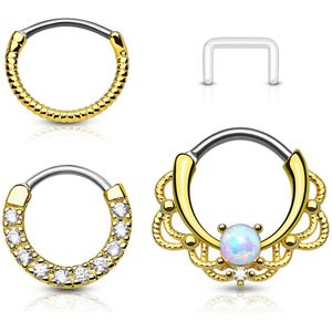 Set met drie gekleurde piercing ringen en retainer - goud