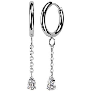 Oorringen met Kettinkje en Hangend Traanvormige Steentje - Zilver