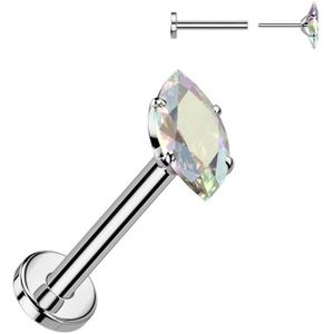 Threadless Titanium Labret met Prong Set Markies Geslepen Steentje - Zilver - 1.0 mm - Aurora Borealis
