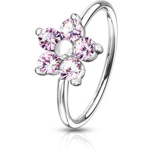 Gekleurde neus ring met kristallen in bloem – Zilver – Roze