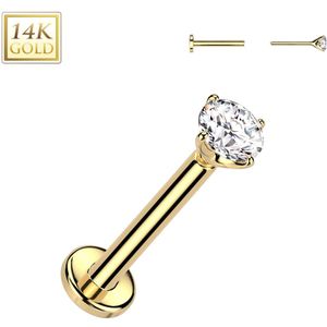14k. Gouden Threadless Labret met een dikte van 0.8 mm met Prong Set Kristalletje - 7 mm - 3 mm
