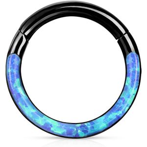 Piercing ring met vast segment en voorkant opaal steen – 1.2 mm – 10 mm – Zwart – Opaal Blauw