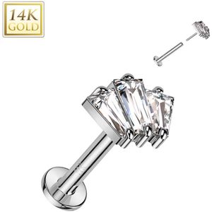 Threadless Labret met Baquette geslepen Trio van 14 Karaats Goud - Witgoud - 1 mm