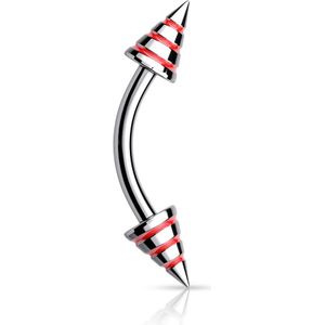 Gebogen Barbell met Spikes voorzien van gekleurde lijnen - Rood