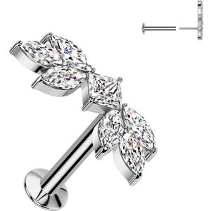 Threadless Labret met Gecentreerd Vierkant Steentje en Vleugels van Markies Geslepen Kristalletjes - Zilver - 1.2 mm