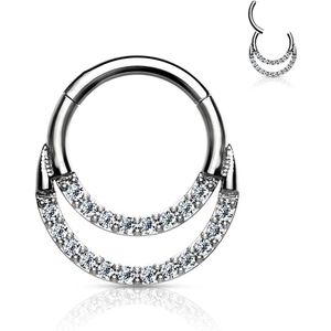 Ring met vast segment en dubbele lijn van kristallen – Zilver